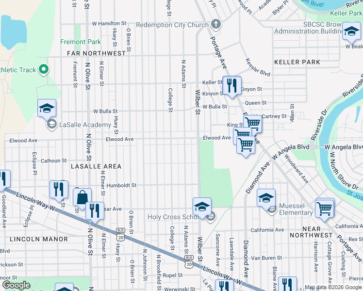 map of restaurants, bars, coffee shops, grocery stores, and more near 1703 Elwood Avenue in South Bend