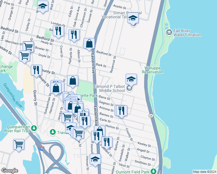 map of restaurants, bars, coffee shops, grocery stores, and more near 16 Marsh Street in Fall River