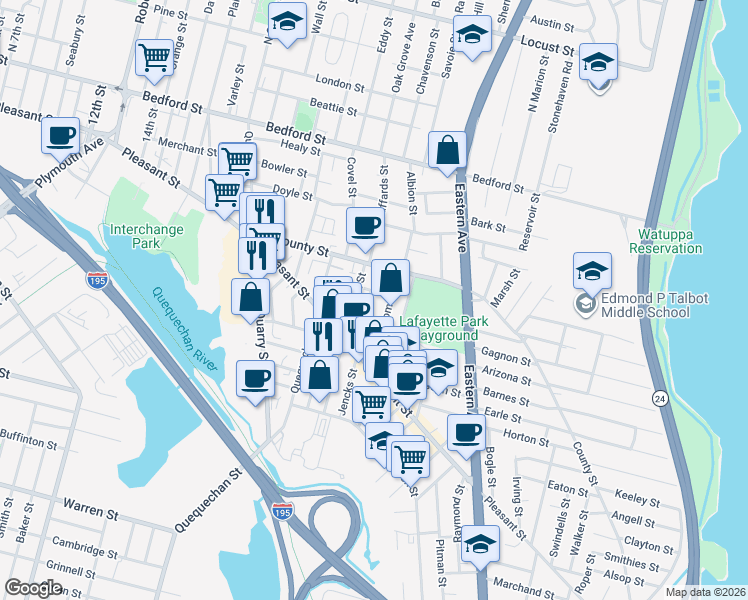 map of restaurants, bars, coffee shops, grocery stores, and more near 15 Thomas Street in Fall River