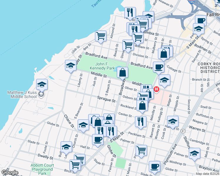 map of restaurants, bars, coffee shops, grocery stores, and more near 16 Oliver Street in Fall River
