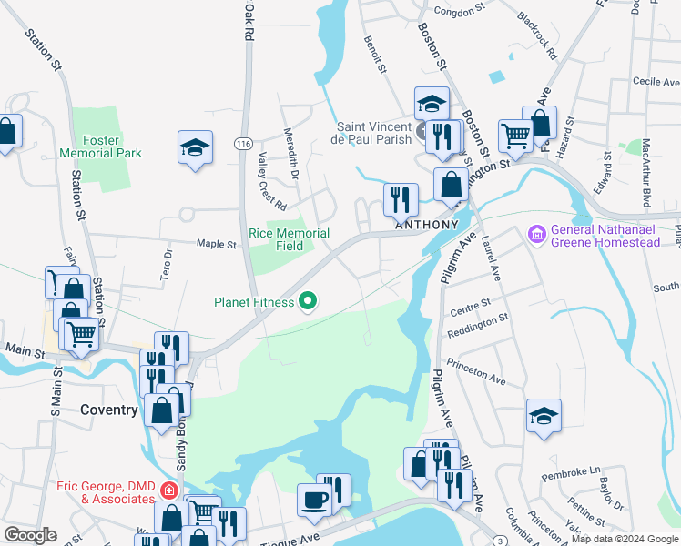 map of restaurants, bars, coffee shops, grocery stores, and more near 734 Washington Street in Coventry
