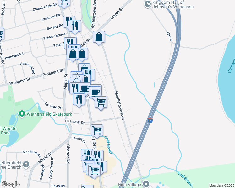 map of restaurants, bars, coffee shops, grocery stores, and more near 294 Middletown Avenue in Wethersfield