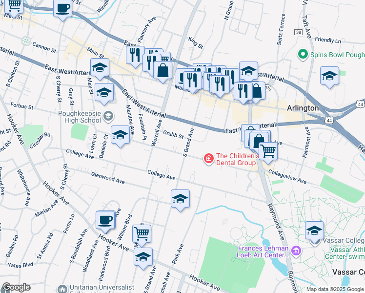map of restaurants, bars, coffee shops, grocery stores, and more near 14 Grubb Street in Poughkeepsie