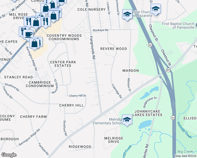 map of restaurants, bars, coffee shops, grocery stores, and more near 409 Fairgrounds Road in Painesville