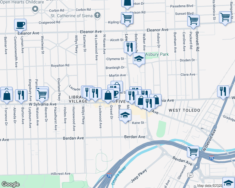 map of restaurants, bars, coffee shops, grocery stores, and more near 4114 Thornton Avenue in Toledo
