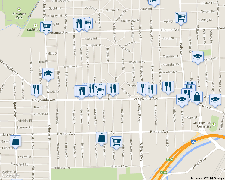 map of restaurants, bars, coffee shops, grocery stores, and more near 1408 Rollins Road in Toledo