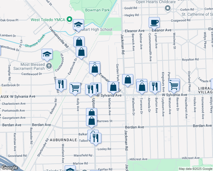map of restaurants, bars, coffee shops, grocery stores, and more near 1804 Tremainsville Road in Toledo