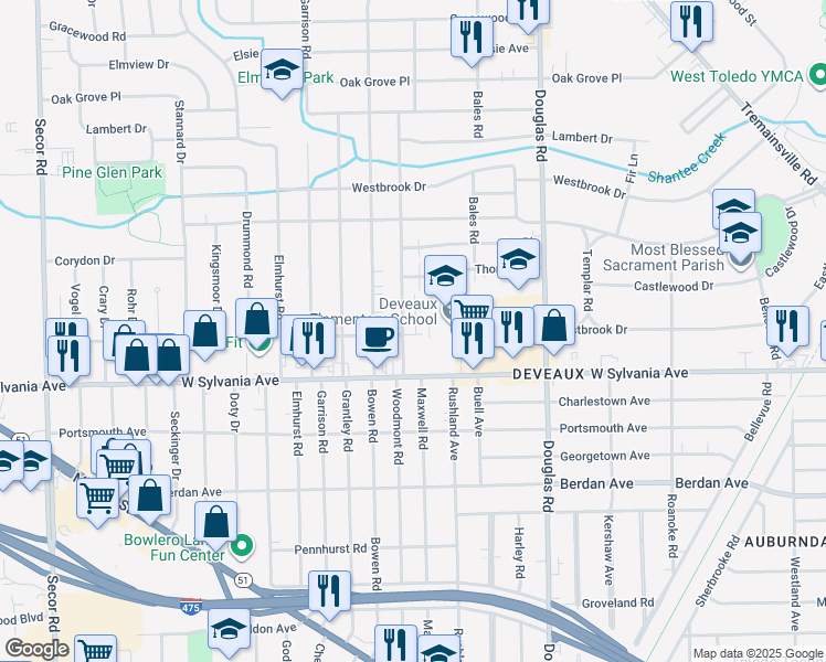 map of restaurants, bars, coffee shops, grocery stores, and more near 4124 Woodmont Road in Toledo