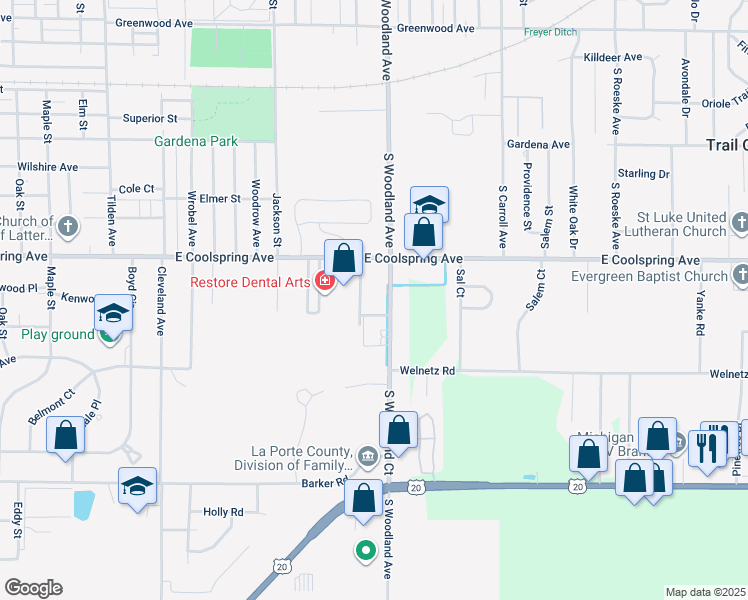 map of restaurants, bars, coffee shops, grocery stores, and more near 1237 East Coolspring Avenue in Michigan City