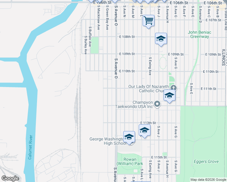 map of restaurants, bars, coffee shops, grocery stores, and more near 11051 South Avenue O in Chicago