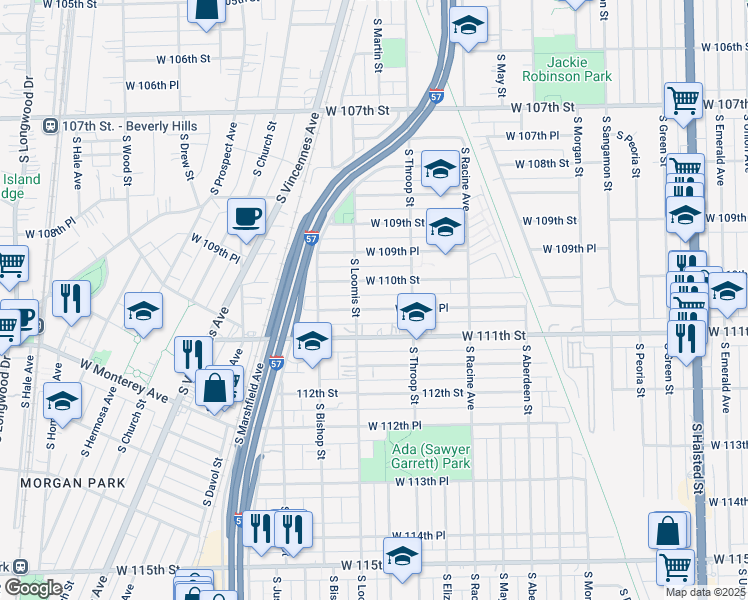 map of restaurants, bars, coffee shops, grocery stores, and more near 1320 West 110th Street in Chicago