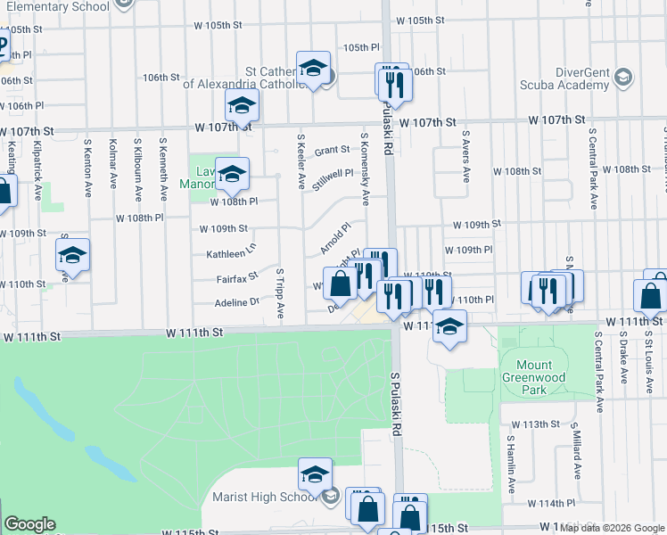map of restaurants, bars, coffee shops, grocery stores, and more near 4105 Arnold Place in Oak Lawn