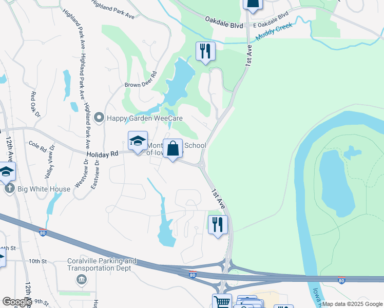 map of restaurants, bars, coffee shops, grocery stores, and more near 1500 1st Avenue in Coralville