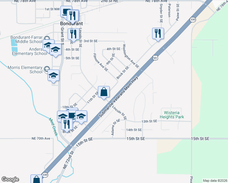 map of restaurants, bars, coffee shops, grocery stores, and more near 514 Brick Street Southeast in Bondurant