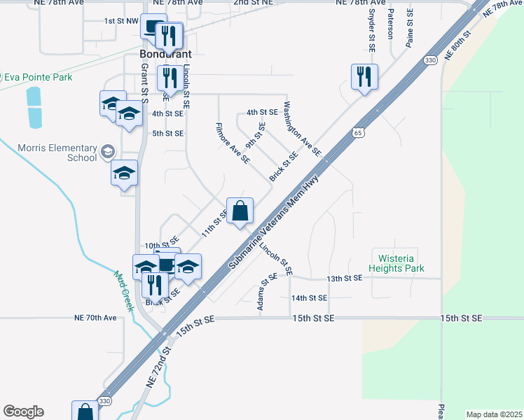 map of restaurants, bars, coffee shops, grocery stores, and more near 514 Brick Street Southeast in Bondurant