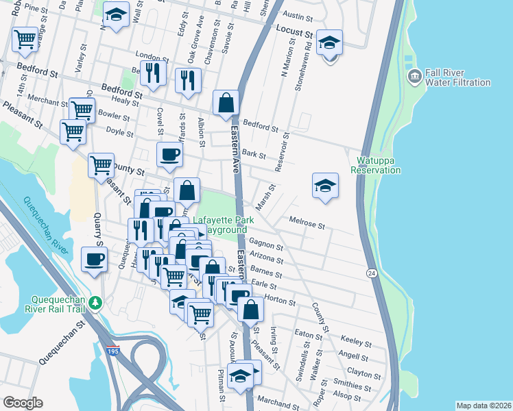 map of restaurants, bars, coffee shops, grocery stores, and more near 53 Buckley Street in Fall River