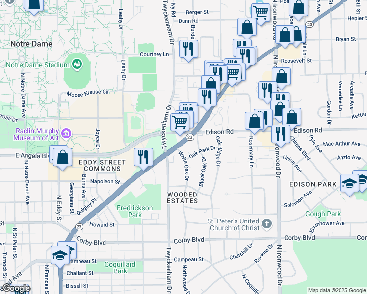 map of restaurants, bars, coffee shops, grocery stores, and more near 1612 South Bend Avenue in South Bend