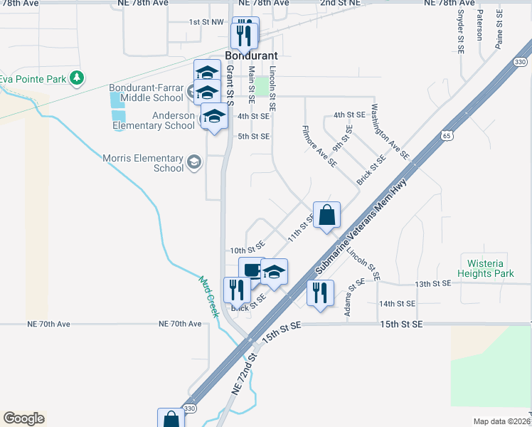 map of restaurants, bars, coffee shops, grocery stores, and more near 907 Lincoln Court Southeast in Bondurant