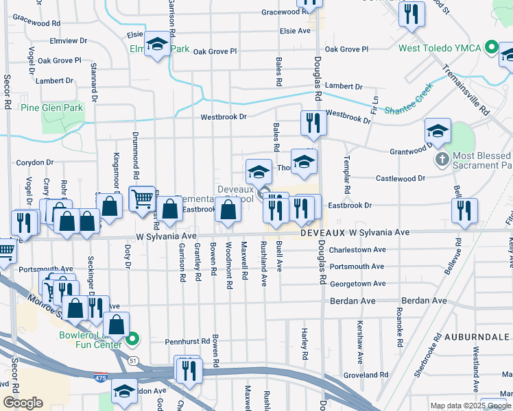 map of restaurants, bars, coffee shops, grocery stores, and more near 2620 West Sylvania Avenue in Toledo