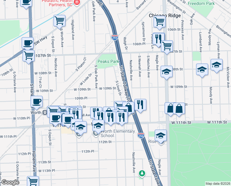 map of restaurants, bars, coffee shops, grocery stores, and more near 6632 West 109th Street in Worth