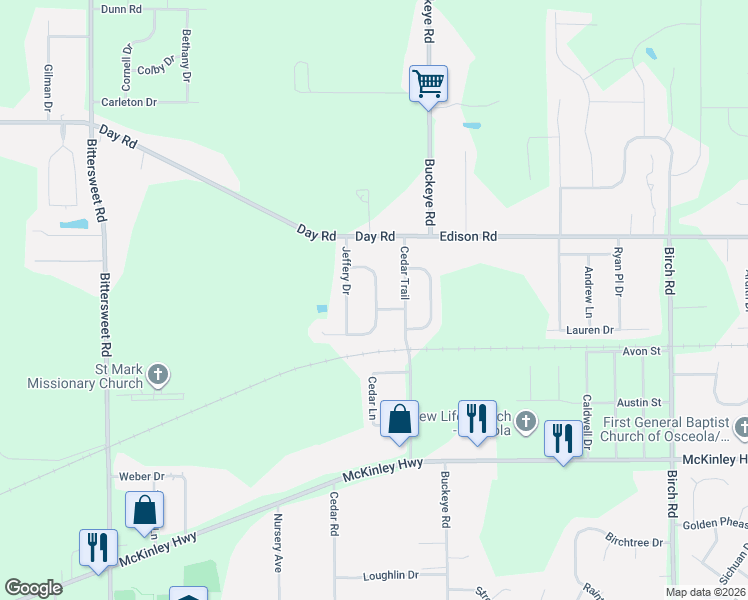 map of restaurants, bars, coffee shops, grocery stores, and more near 11900-11998 North Lori Lane in Mishawaka