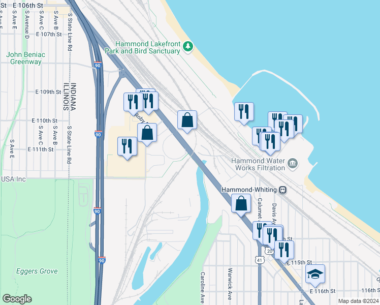 map of restaurants, bars, coffee shops, grocery stores, and more near 1106 Indianapolis Blvd in Hammond