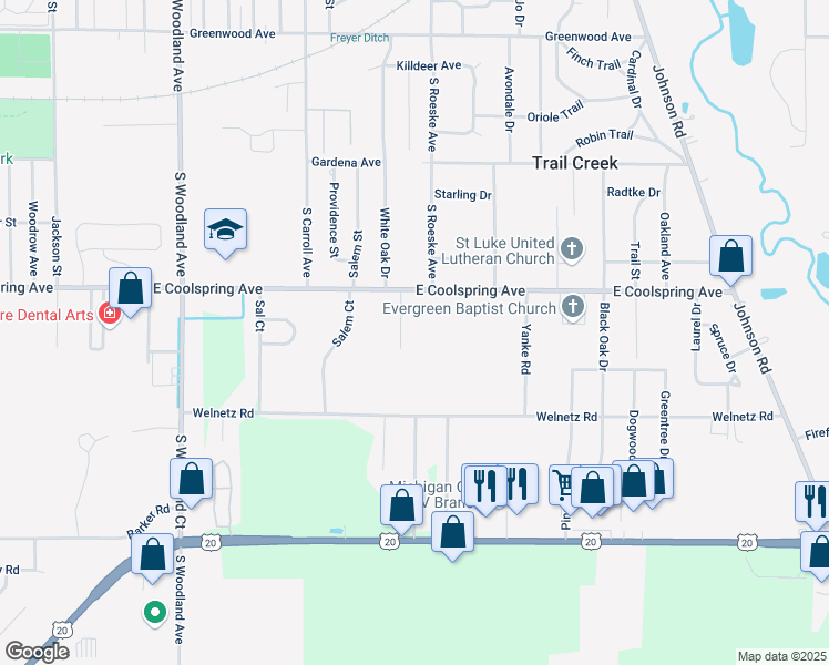 map of restaurants, bars, coffee shops, grocery stores, and more near 1901 East Coolspring Avenue in Trail Creek