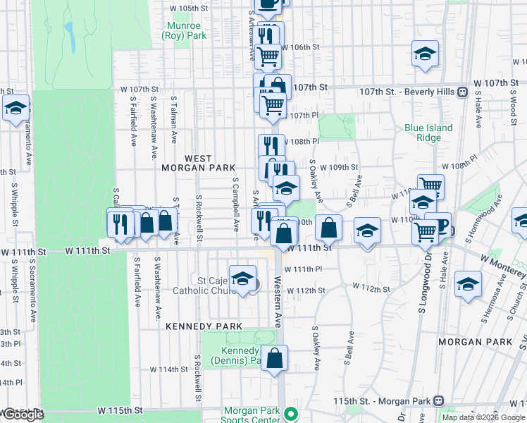 map of restaurants, bars, coffee shops, grocery stores, and more near 11001 South Artesian Avenue in Chicago