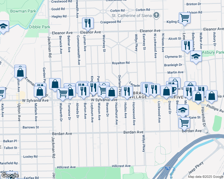 map of restaurants, bars, coffee shops, grocery stores, and more near 4035 Wetzler Road in Toledo