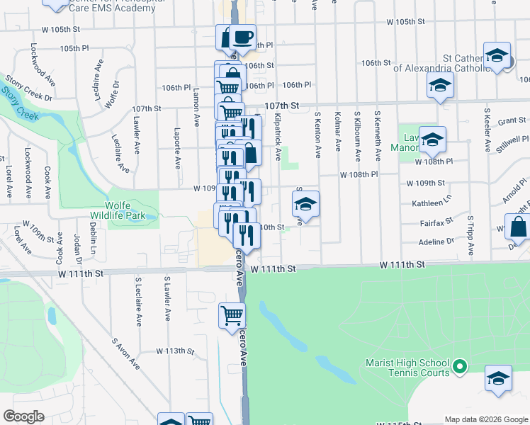map of restaurants, bars, coffee shops, grocery stores, and more near 10925 Keating Avenue in Oak Lawn