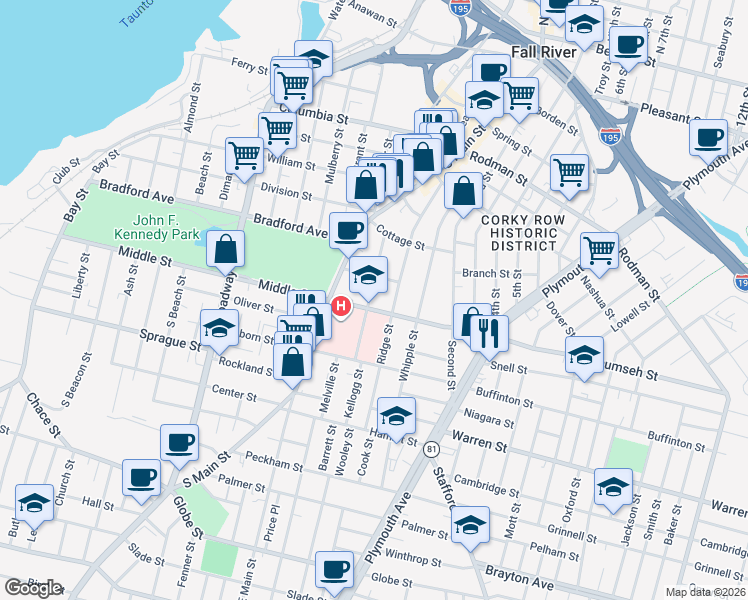 map of restaurants, bars, coffee shops, grocery stores, and more near 37 Park Street in Fall River