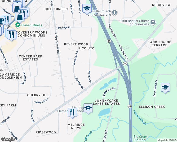 map of restaurants, bars, coffee shops, grocery stores, and more near 6459 Mardon Drive in Painesville