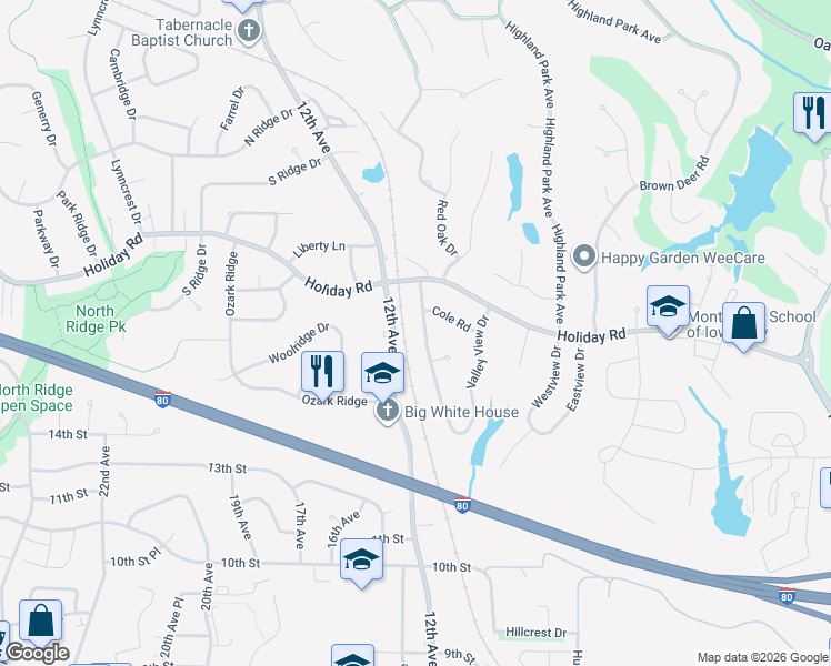 map of restaurants, bars, coffee shops, grocery stores, and more near 1439 Valley View Drive in Coralville