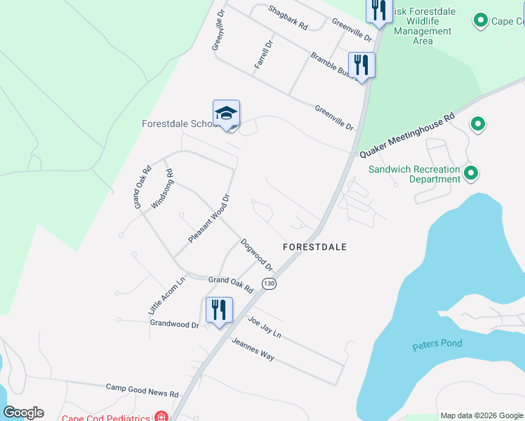 map of restaurants, bars, coffee shops, grocery stores, and more near 10 Patricks Way in Sandwich