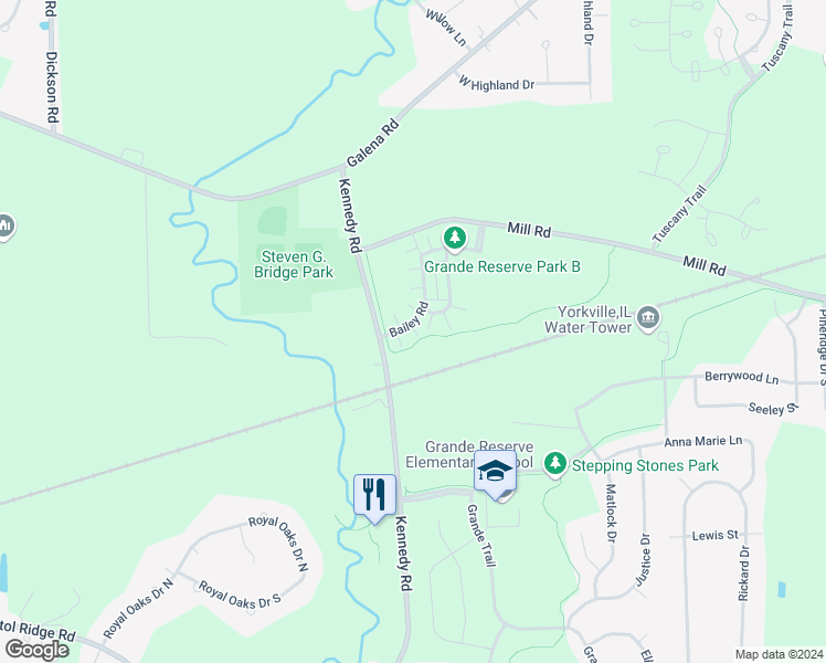 map of restaurants, bars, coffee shops, grocery stores, and more near 3742 Bailey Road in Yorkville