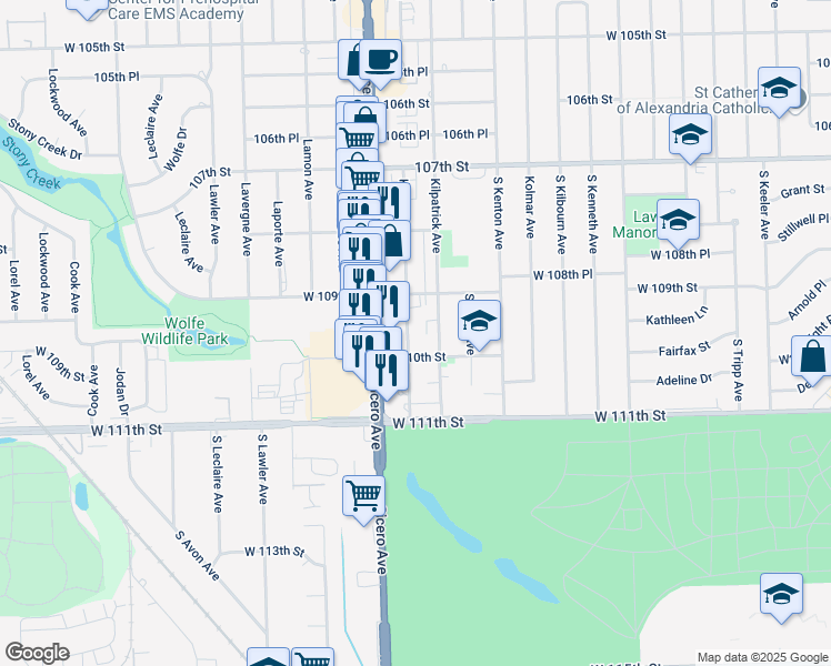 map of restaurants, bars, coffee shops, grocery stores, and more near 10925 Keating Avenue in Oak Lawn
