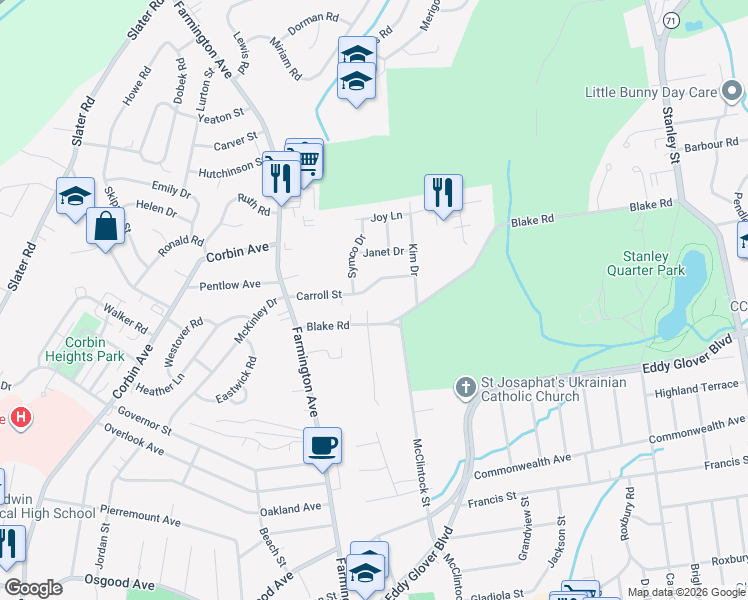 map of restaurants, bars, coffee shops, grocery stores, and more near 90 Carroll Street in New Britain