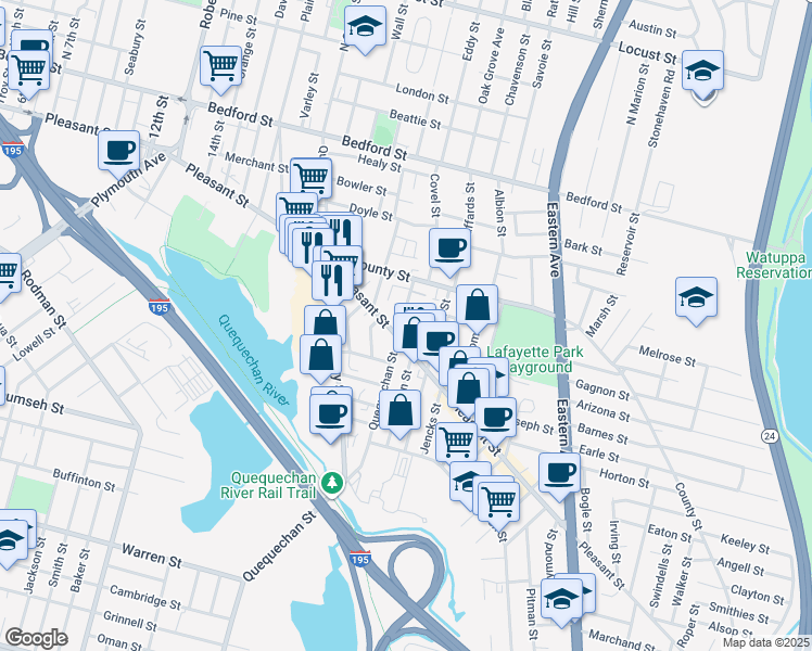 map of restaurants, bars, coffee shops, grocery stores, and more near 1112 Pleasant Street in Fall River