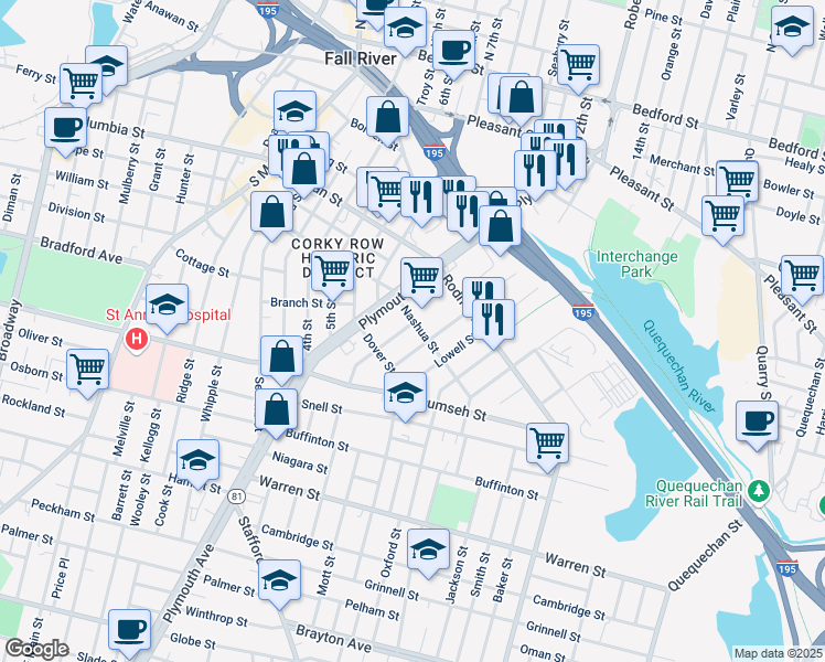 map of restaurants, bars, coffee shops, grocery stores, and more near 50 Rodman Street in Fall River
