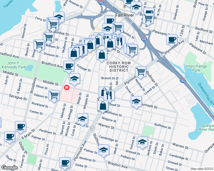 map of restaurants, bars, coffee shops, grocery stores, and more near 634 2nd Street in Fall River