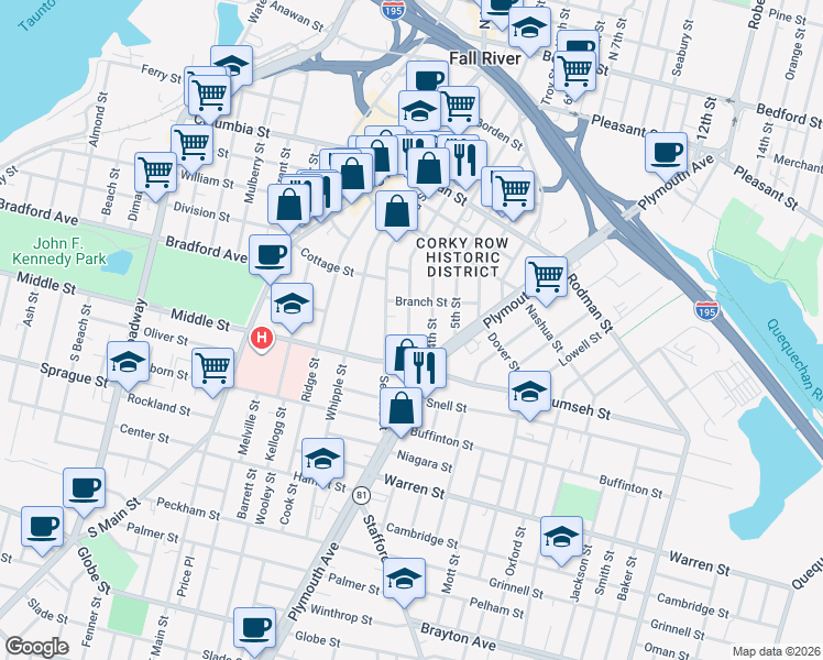 map of restaurants, bars, coffee shops, grocery stores, and more near 634 2nd Street in Fall River
