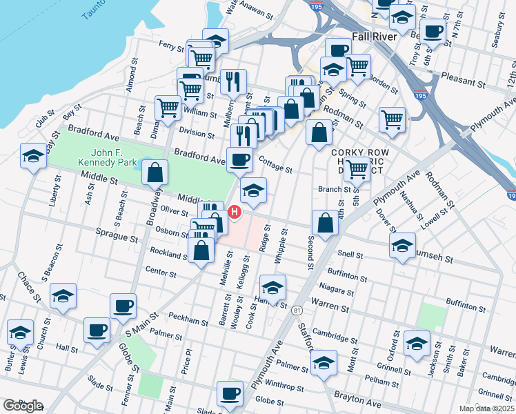 map of restaurants, bars, coffee shops, grocery stores, and more near 37 Park Street in Fall River