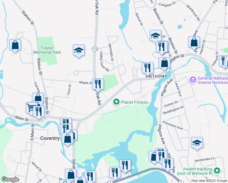 map of restaurants, bars, coffee shops, grocery stores, and more near 751 Washington Street in Coventry