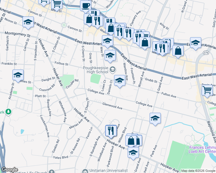 map of restaurants, bars, coffee shops, grocery stores, and more near 18 Daniels Court in Poughkeepsie