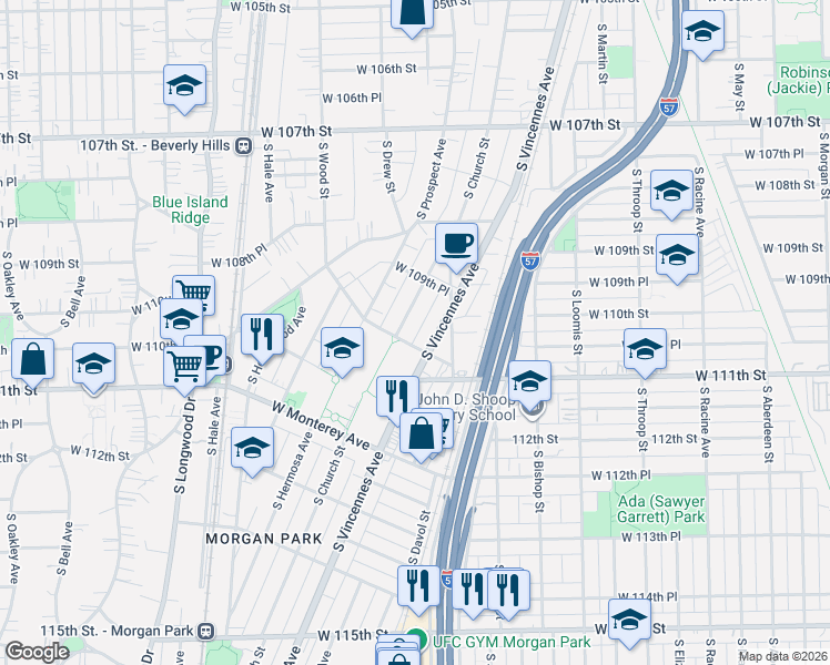 map of restaurants, bars, coffee shops, grocery stores, and more near 10979 South Church Street in Chicago