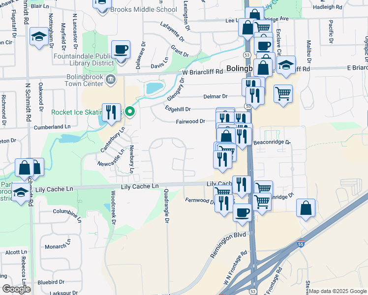 map of restaurants, bars, coffee shops, grocery stores, and more near 2I South Fernwood Drive in Bolingbrook