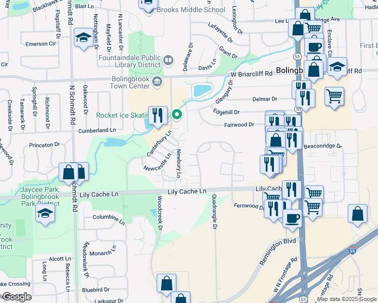 map of restaurants, bars, coffee shops, grocery stores, and more near 4O South Fernwood Drive in Bolingbrook