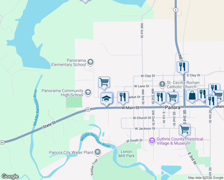 map of restaurants, bars, coffee shops, grocery stores, and more near 209 Oak Ridge Drive in Panora