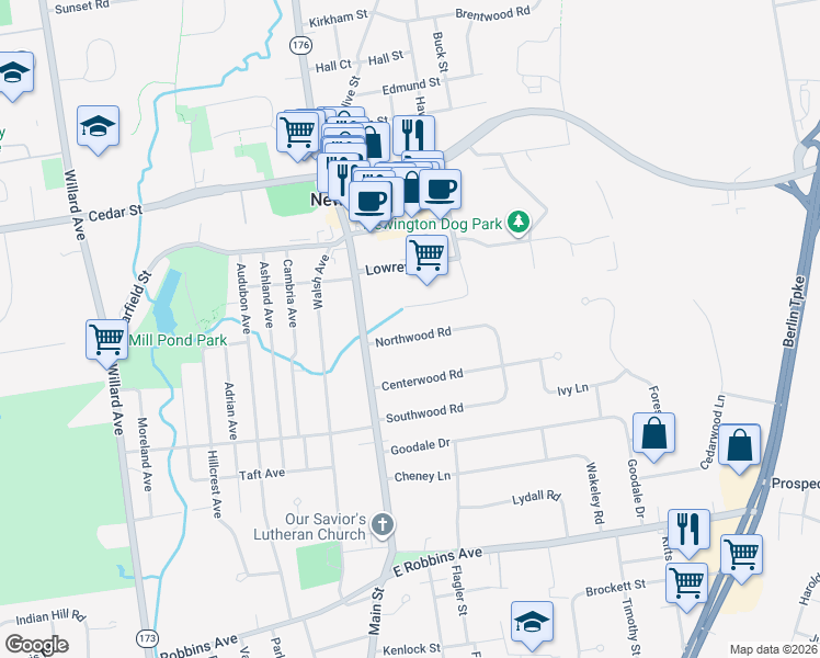 map of restaurants, bars, coffee shops, grocery stores, and more near 54 Northwood Road in Newington
