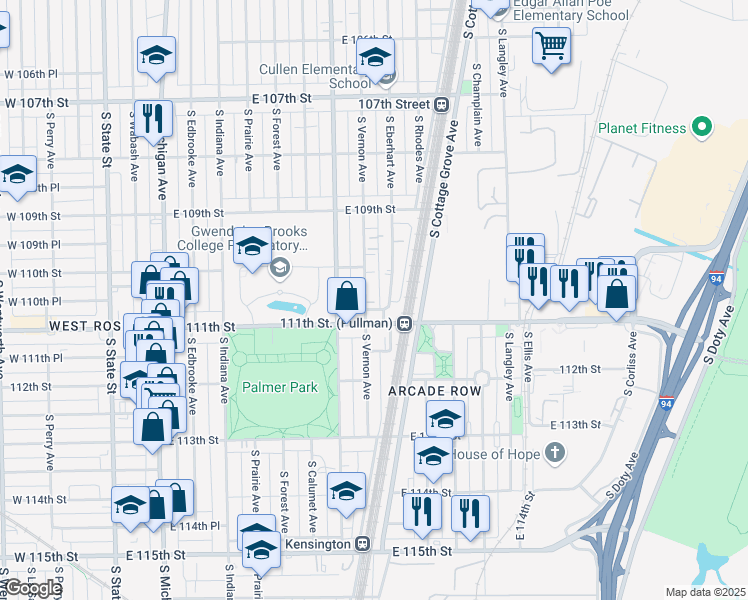 map of restaurants, bars, coffee shops, grocery stores, and more near 11039 South Vernon Avenue in Chicago